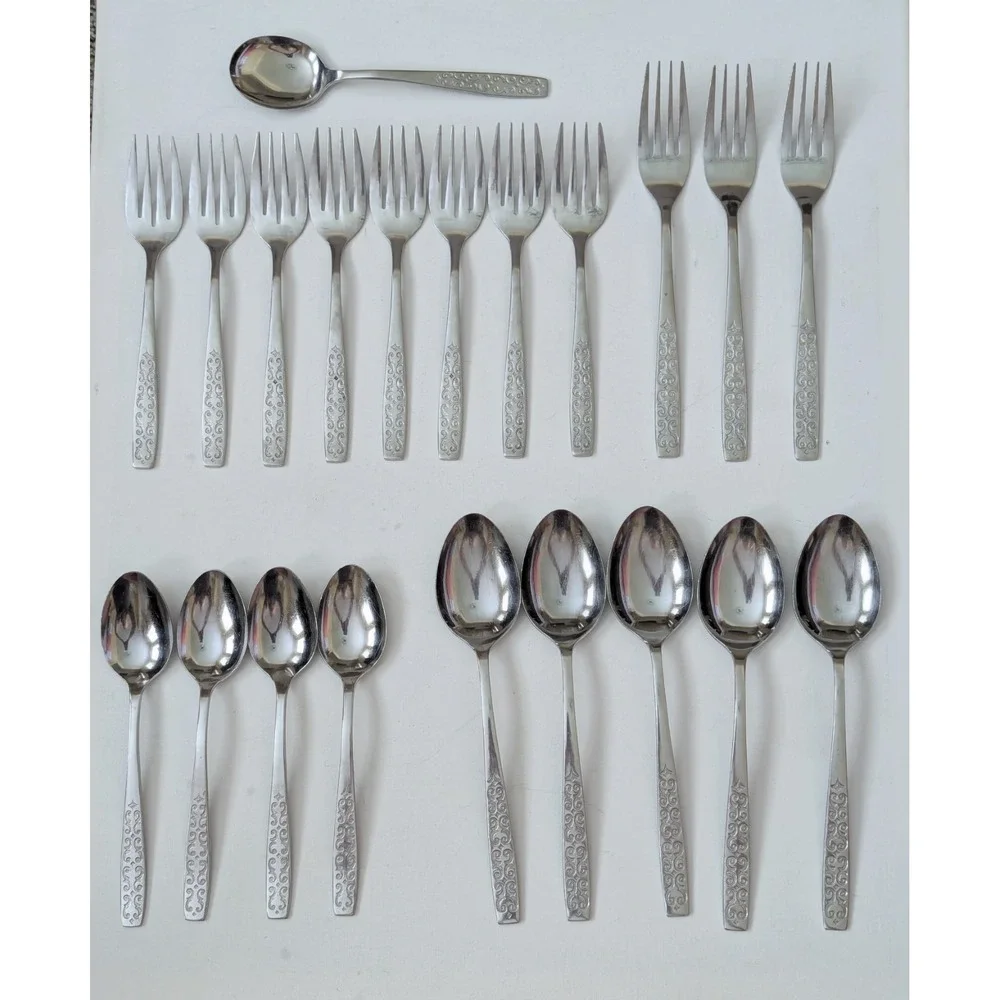 Vtg MCM Stainless Imperial Scroll Cadiz Japan Flatware Spoons Forks (Lot of 21)